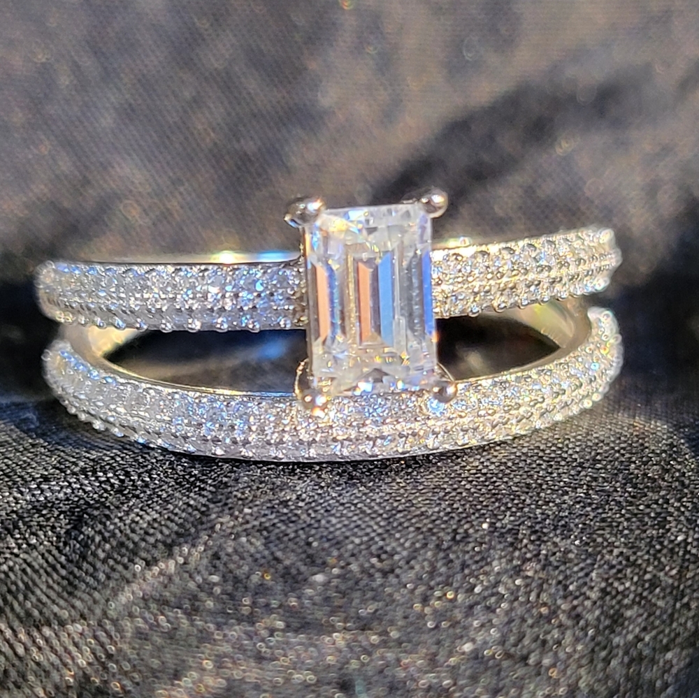 Sterling Silver Ring with Emerald Cut Center And Pave Split Shank Band